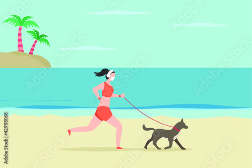 Jogging vector concept. Woman in sportswear jogging on the beach with her dog while wearing face mask © Creativa Images
