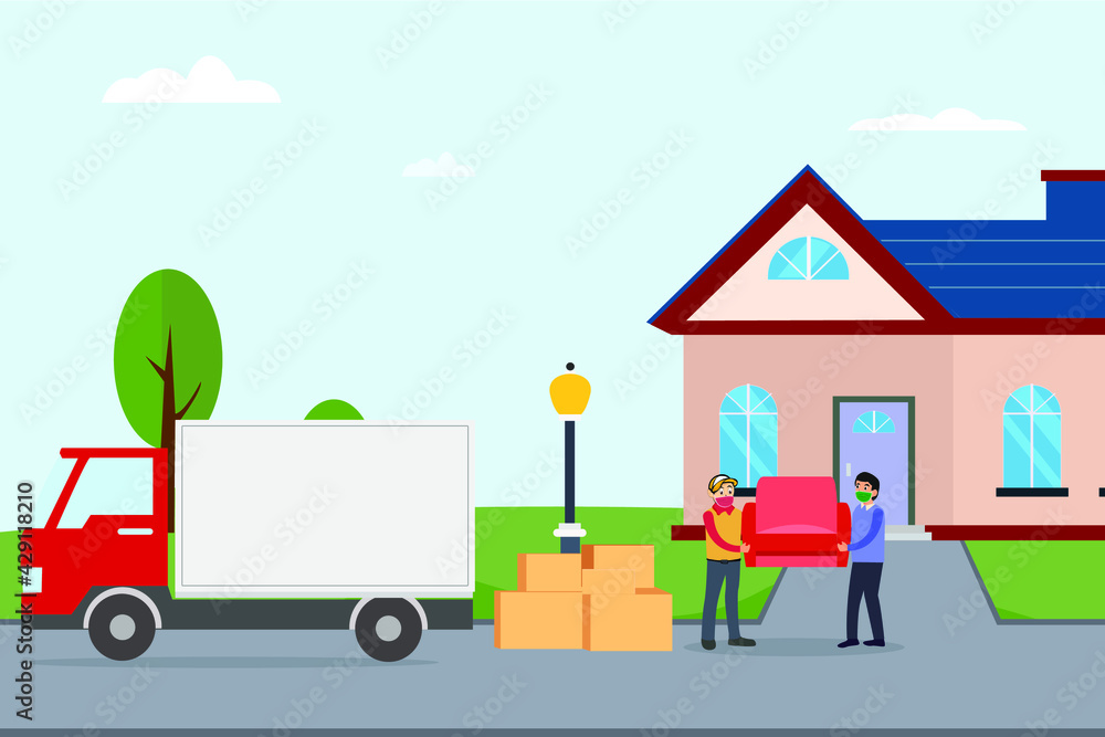 Moving home vector concept. Workers loading furniture and boxes into removal truck