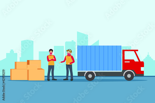 Moving home vector concept. Two male workers in face mask with boxes and removal truck