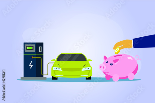 Electric car sale vector concept. Businessman hand saving money on piggy bank to buy electric car