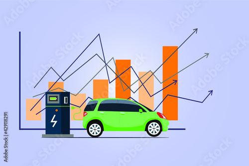 Electric car sale vector concept. Electric car with growing financial chart