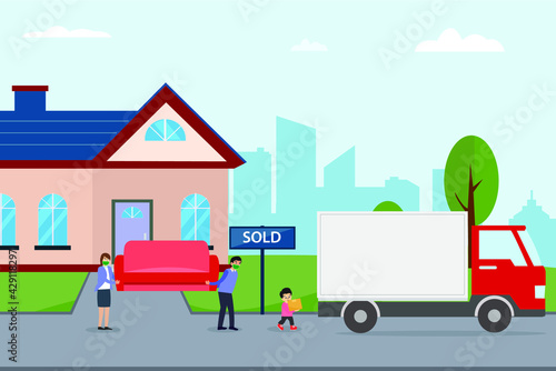 Moving home vector concept. Family loading sofa and boxes into removal truck