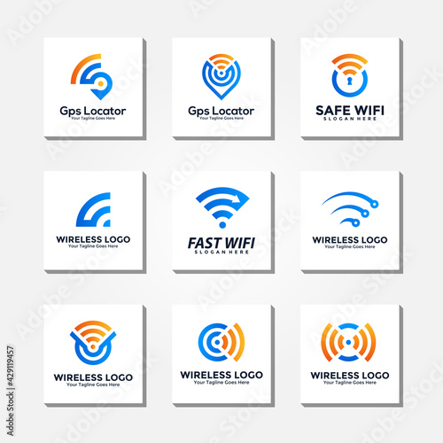 Wireless Signal logo template design collection. Wifi logo, radio waves icon vector. Wireless pin location logo design concept