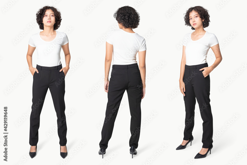 Woman in black slack pants and white tee full body Woman in black slack pants and white tee full body