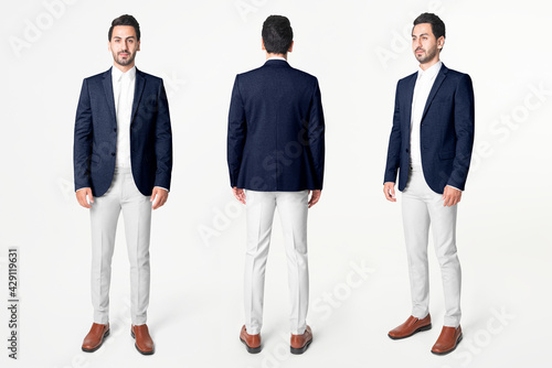 Navy blue men's blazer business wear fashion full body and rear view set