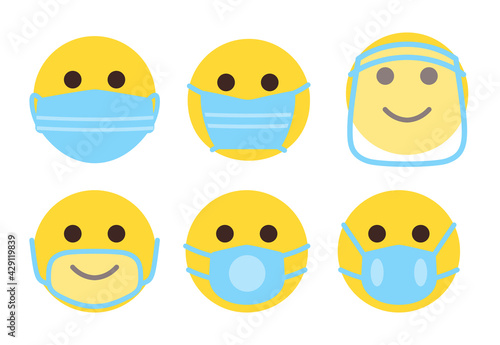 Set of face emoji in medical mask icon. Collection emoticon in different type of protective masks. Yellow smile in flat style as sign protect against spread of coronavirus Isolated vector illustration