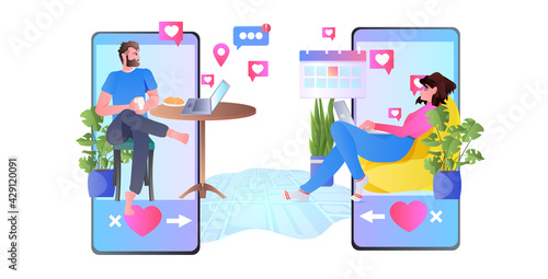 couple in love using mobile dating app man woman chatting during virtual meeting social relationships