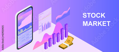 3d illustration. flat style web banner on mobile stock trading concept, online trading, market analysis, business and investment
