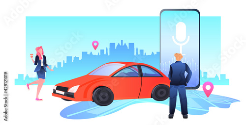 people ordering taxi car in mobile application with voice recognition transportation carsharing service