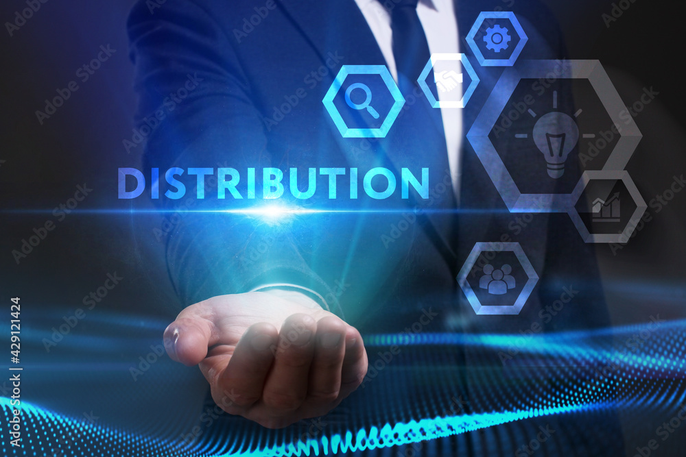 Business, Technology, Internet and network concept. Young businessman working on a virtual screen of the future and sees the inscription: Distribution Business, Technology, Internet and network concept. Young businessman working on a virtual screen of the future and sees the inscription: Distribution