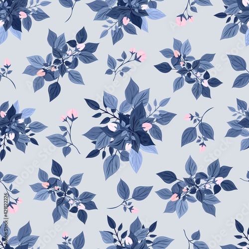 Delicate spring flowers and leaves. Seamless pattern. Botanical print for sandstone on fabric, paper, packaging. Isolated background.
