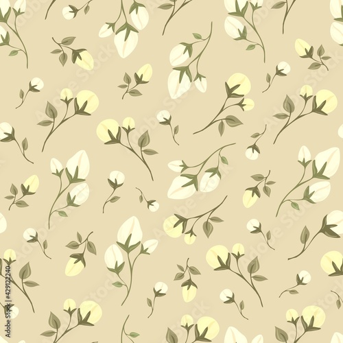 Delicate spring flowers and leaves. Seamless pattern. Botanical print for sandstone on fabric, paper, packaging. Isolated background.