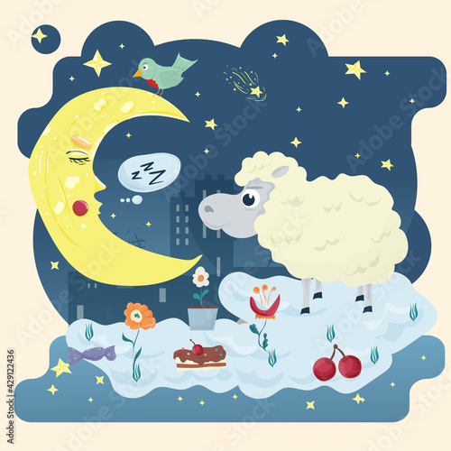 Fototapeta Naklejka Na Ścianę i Meble -  Illustration sticker in childrens flat style cartoon for childrens bedroom design decoration little Lamb stands on a cloud next to the moon on the background of the starry sky and the city