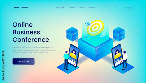 Online Business Conference Landing Page Template with Gradient Background and Isometric 3d Vector Illustration Desktop Web User Interface