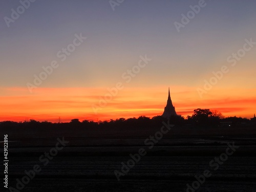 Sunrise at rice field in historical area of Thailand © Annop