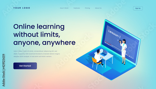 Online learning without limits, anyone, anywhere Landing Page Template with Gradient Background and Isometric 3d Vector Illustration Desktop Web User Interface