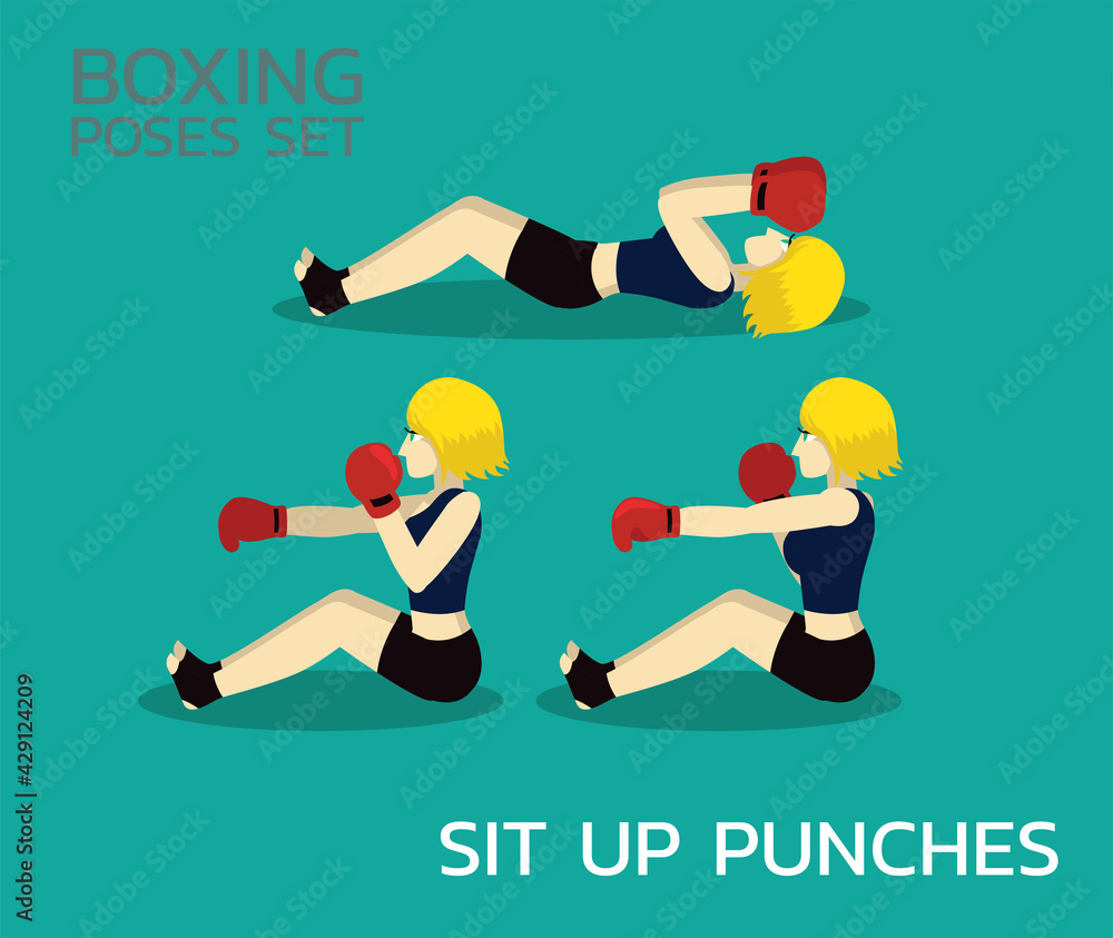 Sit Up Punches Manga Boxing Poses Set Woman Cartoon Vector Illustration
