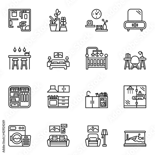 Furniture and interior icon set 2 with white background. Thin line style stock vector.