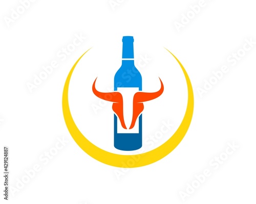 Circle swoosh with wine bottle and abstract bull head