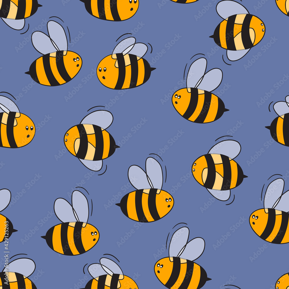 Seamless pattern with bees on color background. Small wasp. Vector illustration. Adorable cartoon character. Template design for invitation, cards, textile, fabric. Doodle style