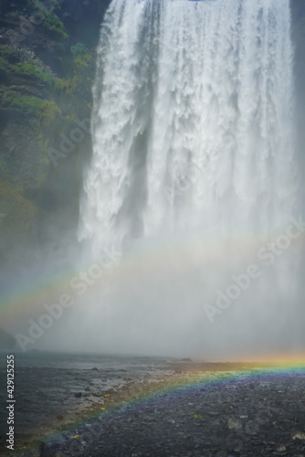 Double rainbow over Skogafoss waterfall in Iceland