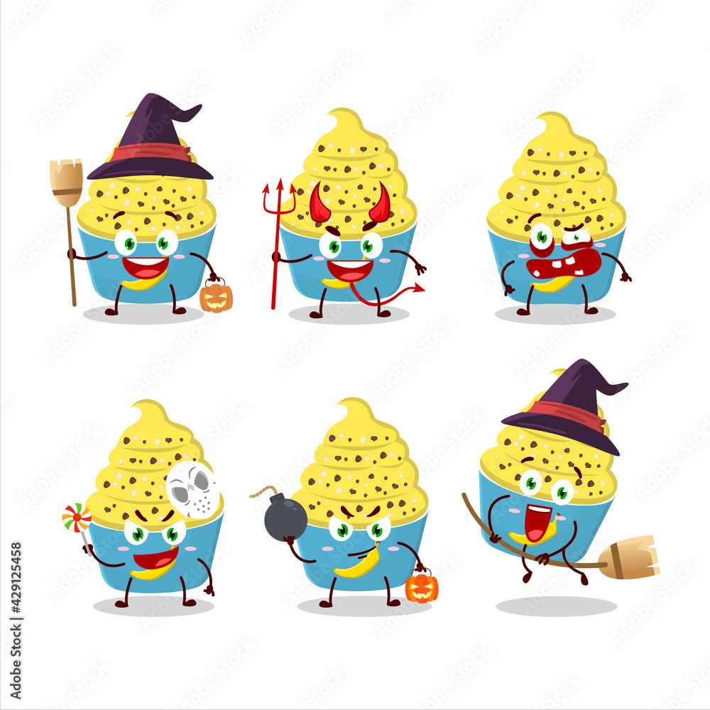 Halloween expression emoticons with cartoon character of ice cream banana cup