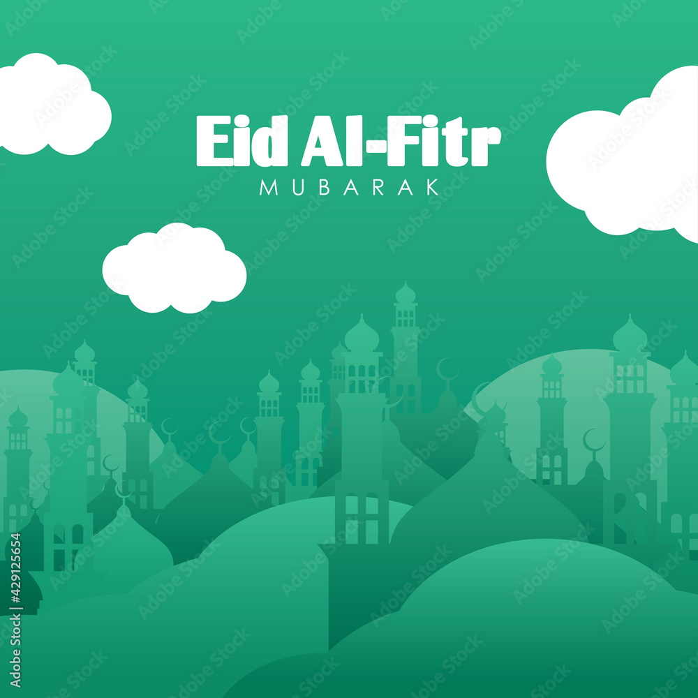 Flat Eid Al-Fitr Banner. Mosque and Landscape on Green monochrome Vector Illustration for greeting card, poster and voucher.