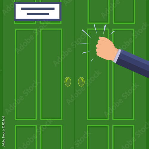 The man's hand is knocking on the door. Please allow me to enter the room. A knock on the office door with a sign. A persistent businessman, client, manager, guest or salesperson. Fragment. Vector