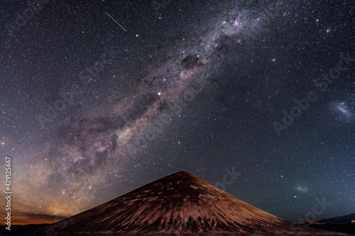 Stunning night sky with shooting stars in arizaro desert. Cono de Arita, Tolar Grande,  argentina night sky and Milky Way