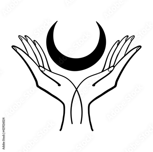 Two hands holding a crescent moon, hand drawing in oriental style, boho sticker, vintage logo. Linear icon for astrology, tarot. Vector illustration isolated on white background.