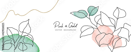 minimal background in pink flowers and tropical summer leaf water color texture