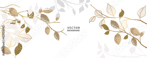 minimal background in golden metallic texture flowers and tropical summer leaf