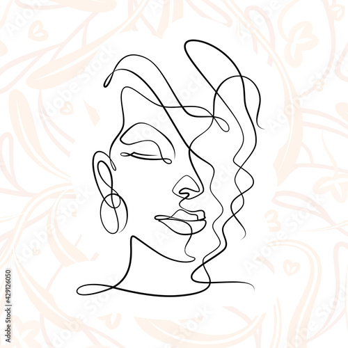 International Women's Day minimal design line drawing style. Portrait of young woman beauty face isolated on pastel leaf background. Vector for Spa, fashion, hairdressing and beautiful artwork design.