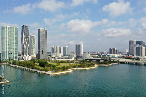 Aerial view of Maurice Ferre Park and surrounding buildings in downtown Miami.