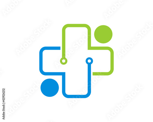 Two people with circuit tech forming a medical plus symbol