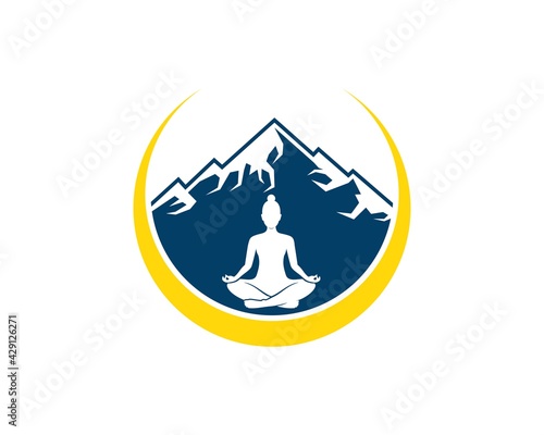 Circular swoosh with mountain and women yoga