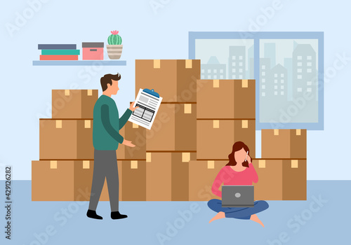 Man and woman packing order for shipping to customer. They earn from selling products via online store. Making money by online business concept vector. Drop ship company. Startup owner.