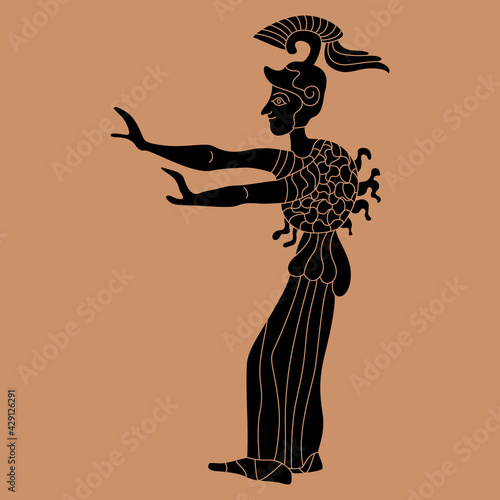 Ancient Greek warrior goddess Athena with raised arms in a helmet. Monochrome silhouette. Vase painting style.