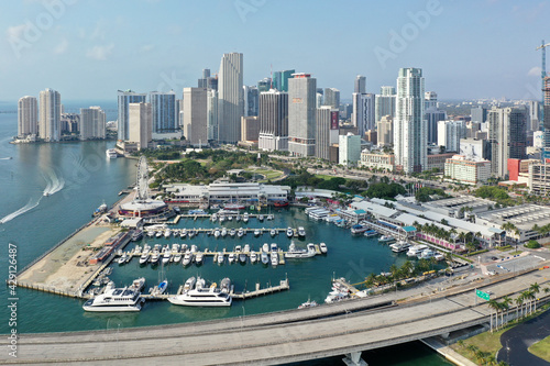 Aerial view of Bayside Marketplace and City of Miami  Florida.