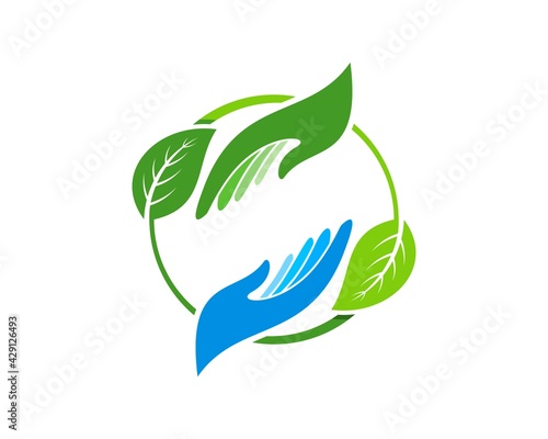 Circular nature leaf with hand care inside