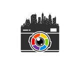 Modern camera with city building and rainbow lens camera