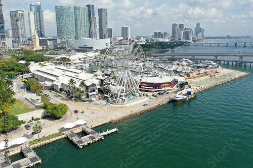 Aerial view of Bayside Marketplace and City of Miami  Florida.