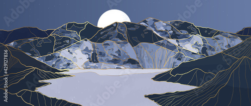 landscape wallpaper design with Golden mountain line arts, luxury background design for cover, invitation background, packaging design, fabric, and print. Vector illustration.