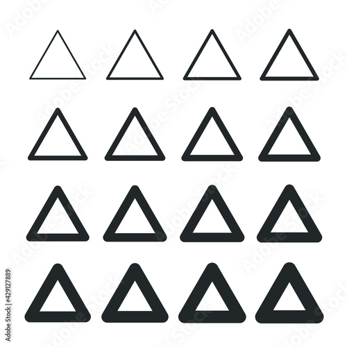 Triangle icon vector in different line thickness. Simple outline style. Flat and trendy sign symbol. Pictogram  mark  pyramid concept. Vector illustration isolated on white background. EPS 10.