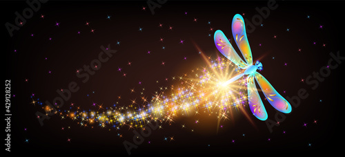 Flying delightful dragonfly with sparkle and blazing trail flying in night sky among shiny glowing stars in cosmic space. Animal protection day concept.