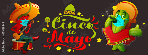Cinco de mayo mexican festival during covid epidemic. Musicians pepper and cactus in medical mask