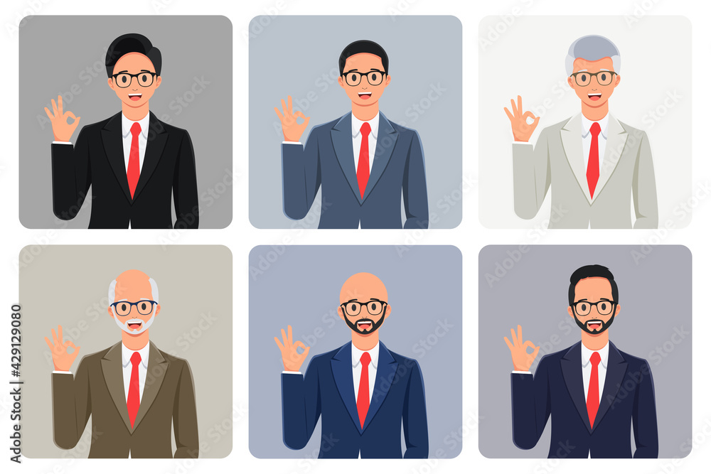 Businessman character design, makes good gestures, shows approval, likes ideas, smiles happily, wears optical glasses, in a complete set Businessman character design, makes good gestures, shows approval, likes ideas, smiles happily, wears optical glasses, in a complete set