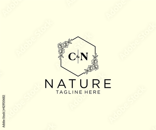 initial CN letters Botanical feminine logo template floral, editable premade monoline logo suitable, Luxury feminine wedding branding, corporate.