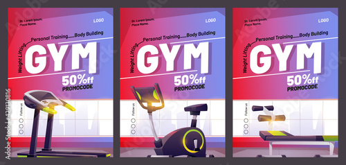 Gym cartoon poster with treadmill. Promotional flyer with promocode for weight lifting, body building or personal training. Special offer for sports activity and healthy lifestyle, Vector illustration