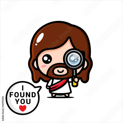 cute jesus cartoon vector design with magnifying glass